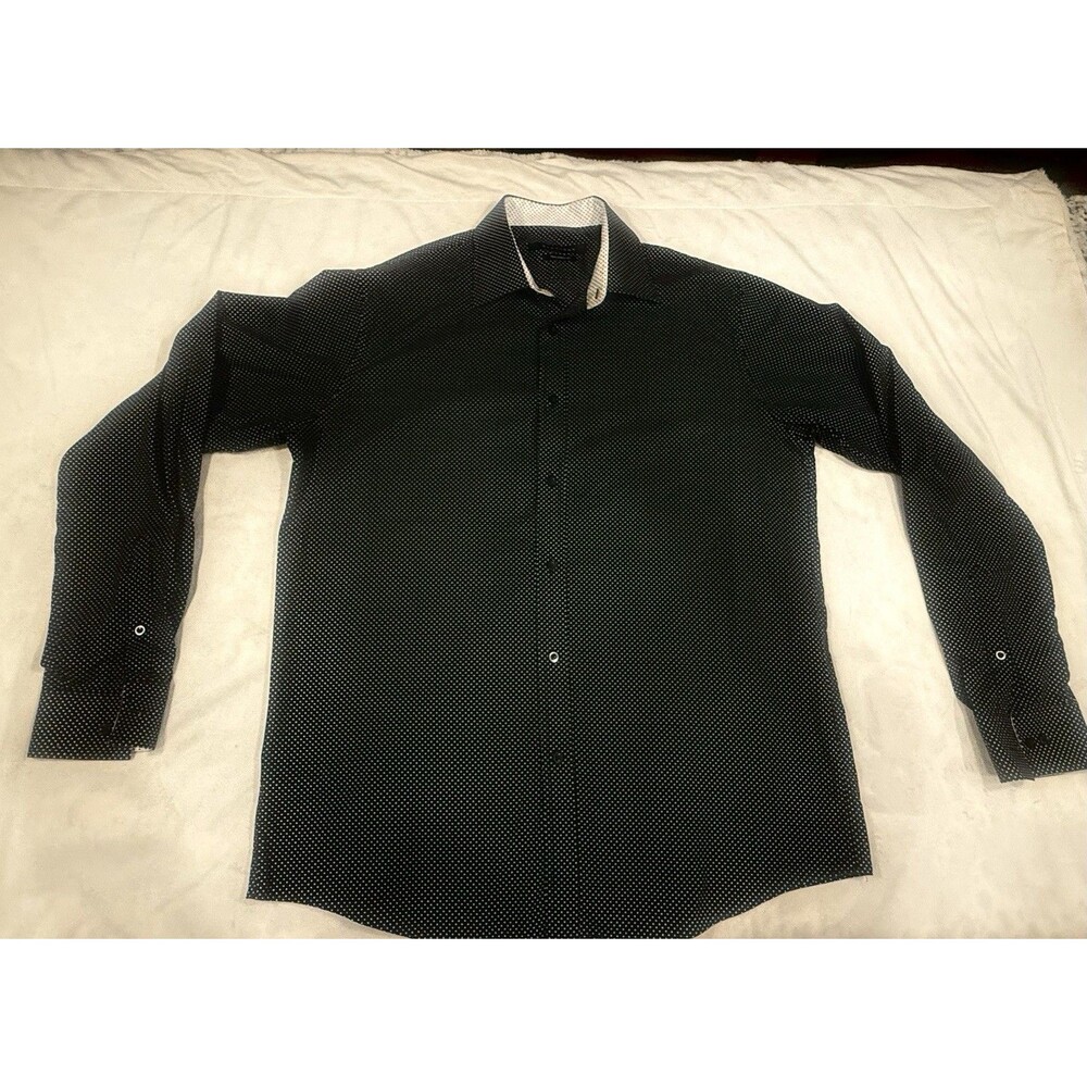 Sean John Tailored Fit Mens 17 36/37 Black White Polka Dot LS Button-Up